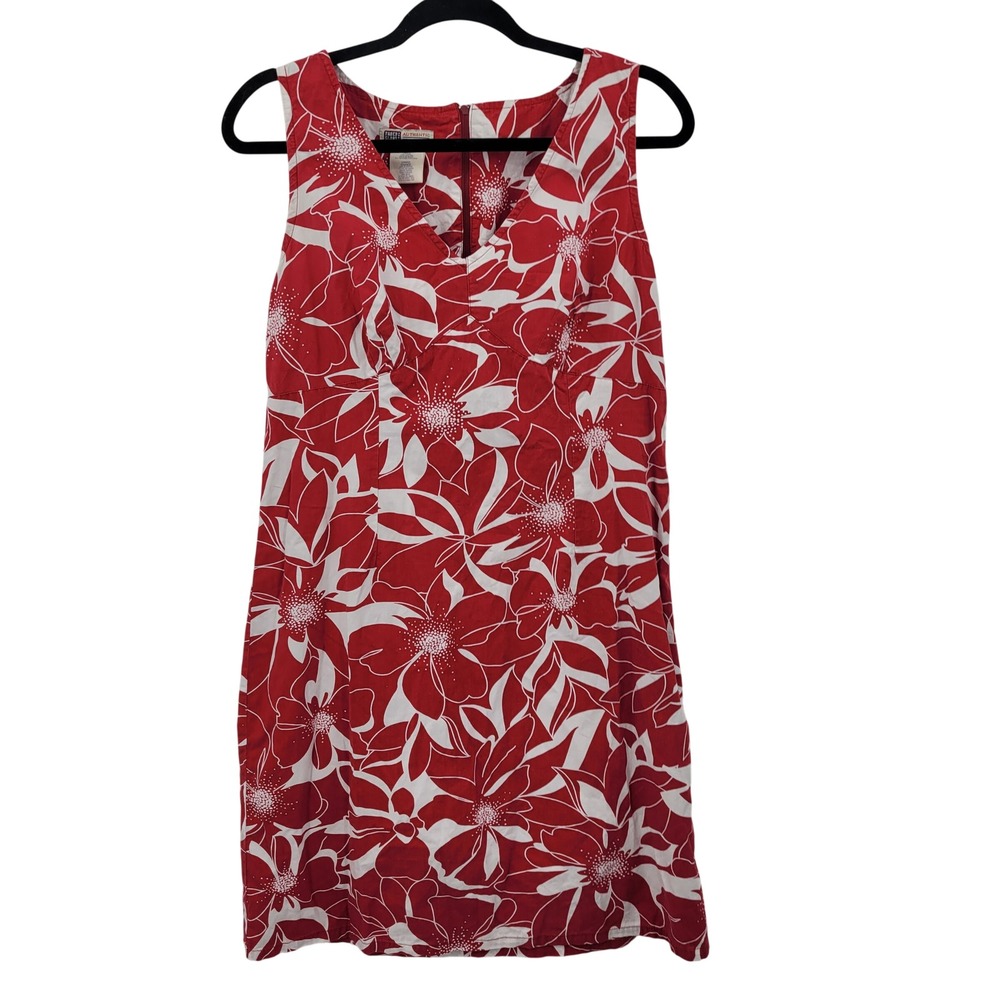 Vtg Retro Resort Tropical  Cotton Red White Floral Sleeveless Mini Dress Sz L
